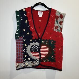 Vintage Skyr Sportswear Hand Knit Patriotic Sweater Vest Size Medium 100% Wool